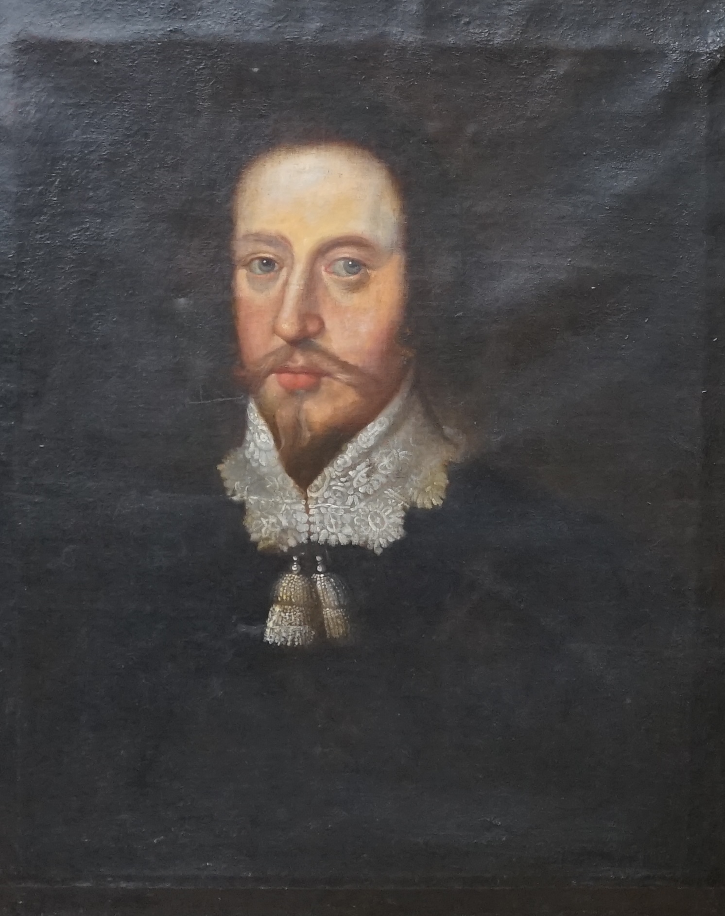 Mid 17th century, Dutch School, oil on canvas, Portrait of a gentleman with lace collar, 73 x 60cm. Condition - poor, several repairs to the canvas, areas of re-touching